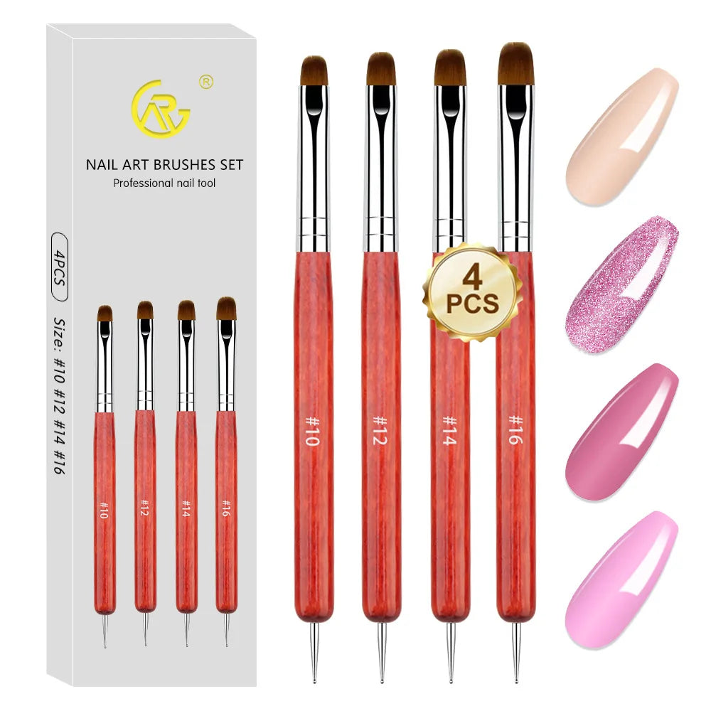 4PCS Dual Ended UV Gel Nail Brushes Set Two Way Poly Gel Builder Brush with Dotting Tool for Nail Extension Manicure DIY