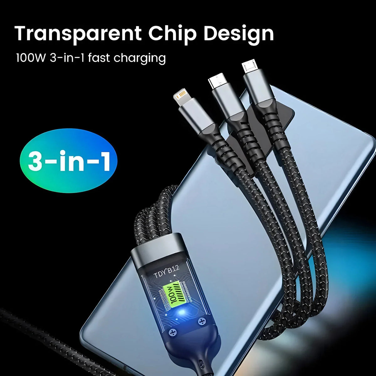 100W 3 In 1 Super Fast Charge Cable Transparent Luminous Super Fast Charge Type C USB Cable Multi Extension For Android