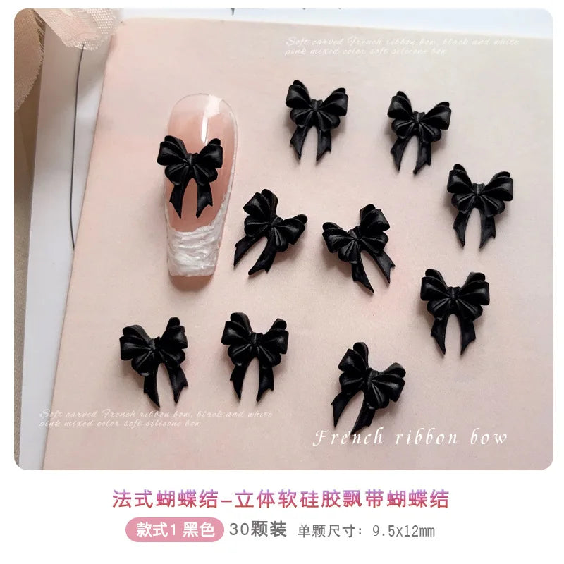 30Pcs Soft Acrylic Ribbon Bow Tie Nail Art Charms Accessories For Manicure Decor Sweet Girl Nails Decoration Supplies Material