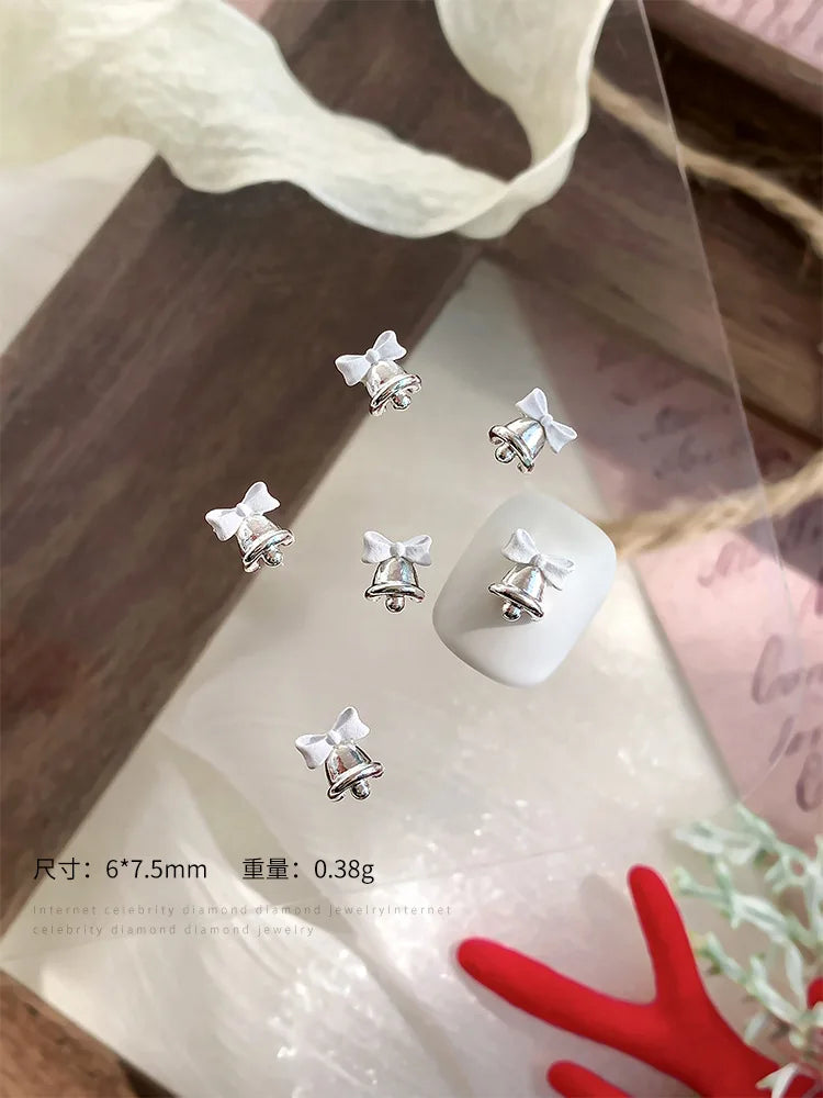 10pc 3D Christmas Bell Nail Art Charms Accessory Bow Gold and Silver Alloy Exquisite Bell Luxury Nails Decorations Supplies DIY