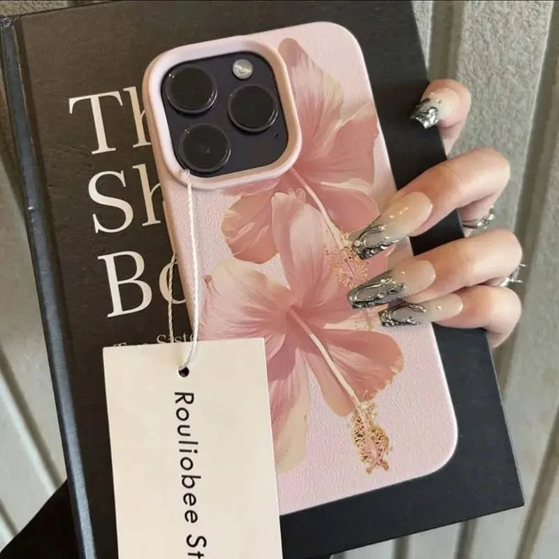 Pink Hibiscus Elegant High Aesthetic Phone Case For iPhone 16 Pro Max 15 14 13 12 11 16 15 14 Plus Anti-Drop Protective Cover