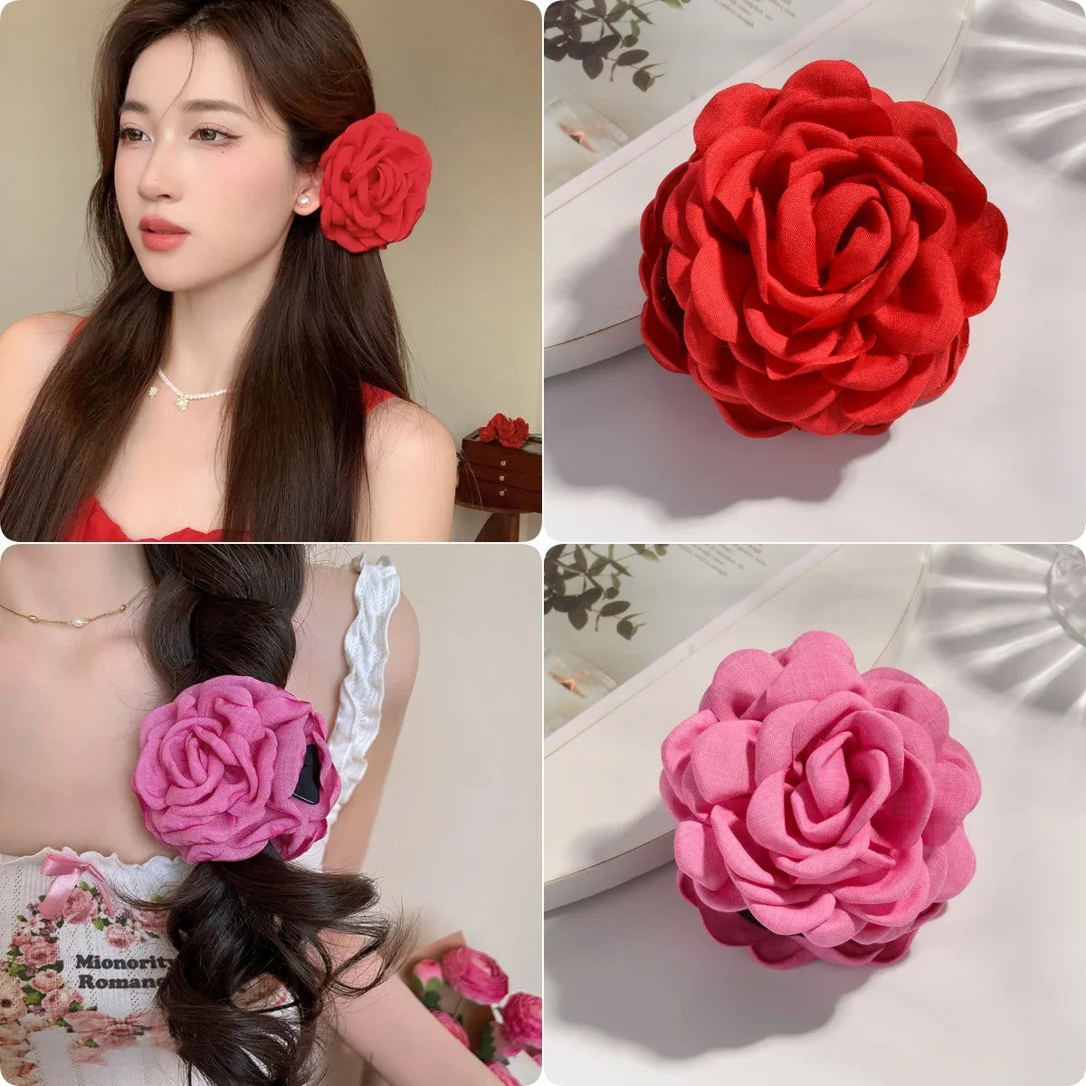 16 Colors Sweat Medium Size Cotton Fabric Rose Flower Hair Claw Clips for Women Korean Ctach Shark Clamp Hair Accessories 2024