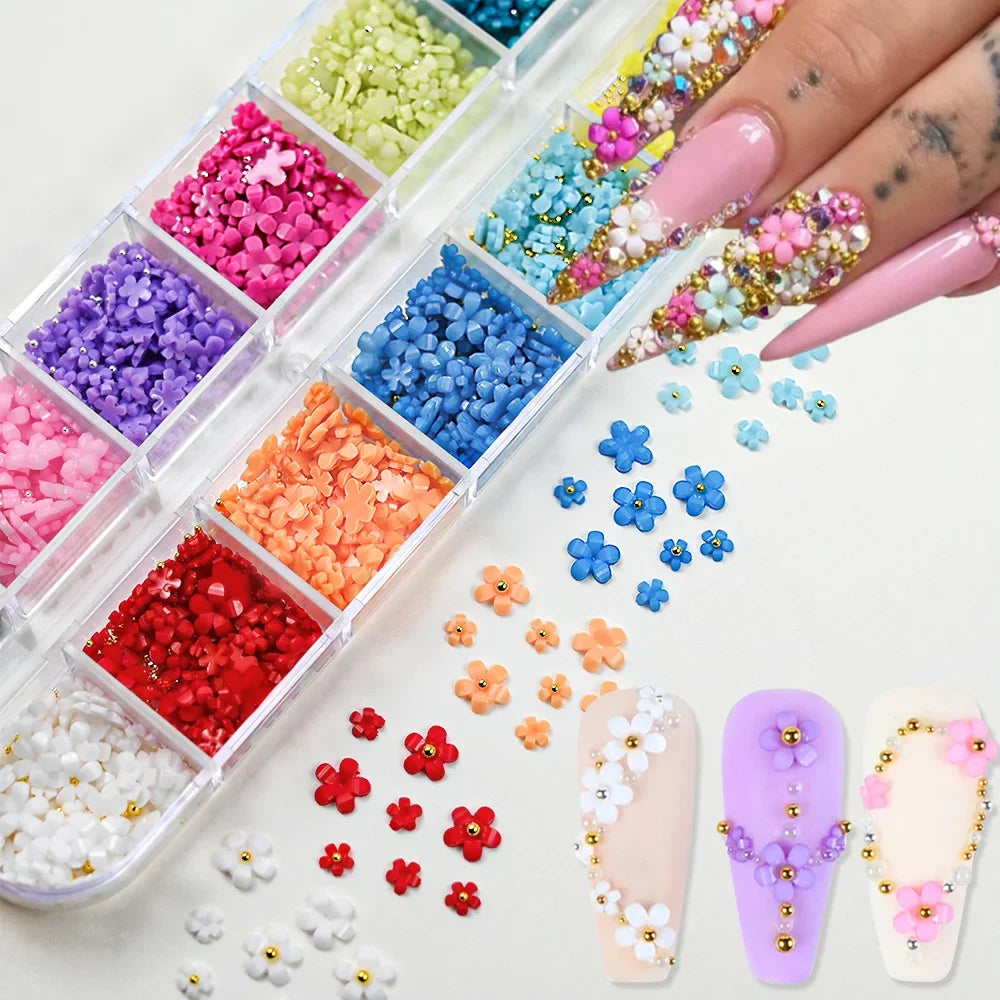 12Grids 3D Acrylic Flowers Nail Charms(with Steel Beads) Colorful Five-petal Flower Nail Art Decorations DIY Manicure Supplies &