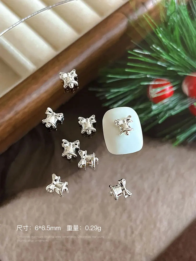 10pc 3D Christmas Bell Nail Art Charms Accessory Bow Gold and Silver Alloy Exquisite Bell Luxury Nails Decorations Supplies DIY