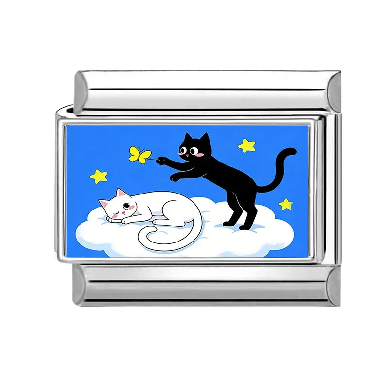 2026 Wholesale Rainbow Cloud Cat Stars Moon Cat Charm Bracelet Fit 9mm Bracelet Stainless Steel Italian Links Making DIY Jewelry