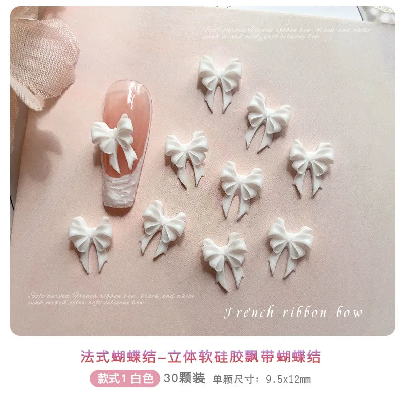 30Pcs Soft Acrylic Ribbon Bow Tie Nail Art Charms Accessories For Manicure Decor Sweet Girl Nails Decoration Supplies Material