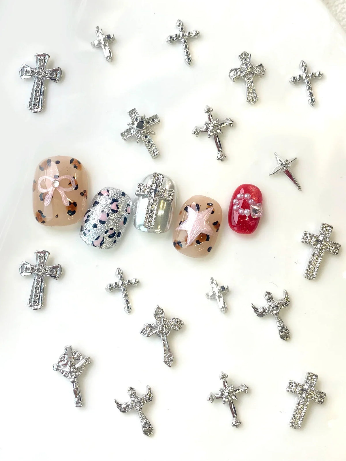 50pcs Punk Mix Shape Silver Cross Nail Art Charms INS 3D Cross with Wing Heart Nail Decoration Accessories DIY Design
