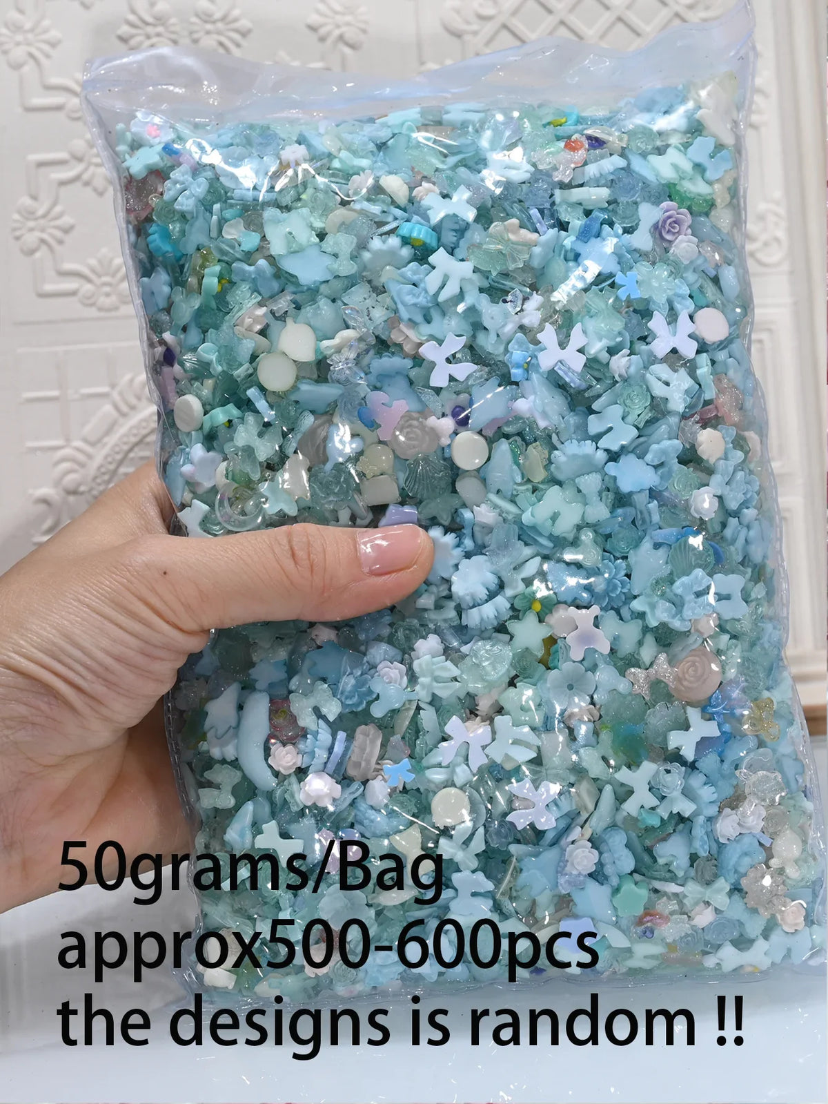 50g/Bag Random Blue Mixed Bow/Flower Nail Art Charms 500-600pcs  Resin Camellia/Bowknot Nails Decoration DIY Manicure Accessorie