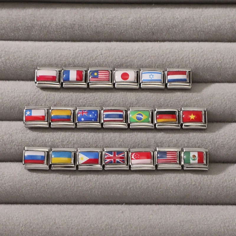 2025New Colorful World National Flag Photo Italian Charm Link Fit 9mm Women Men Bracelet Stainless Steel Jewelry Making Bead DIY