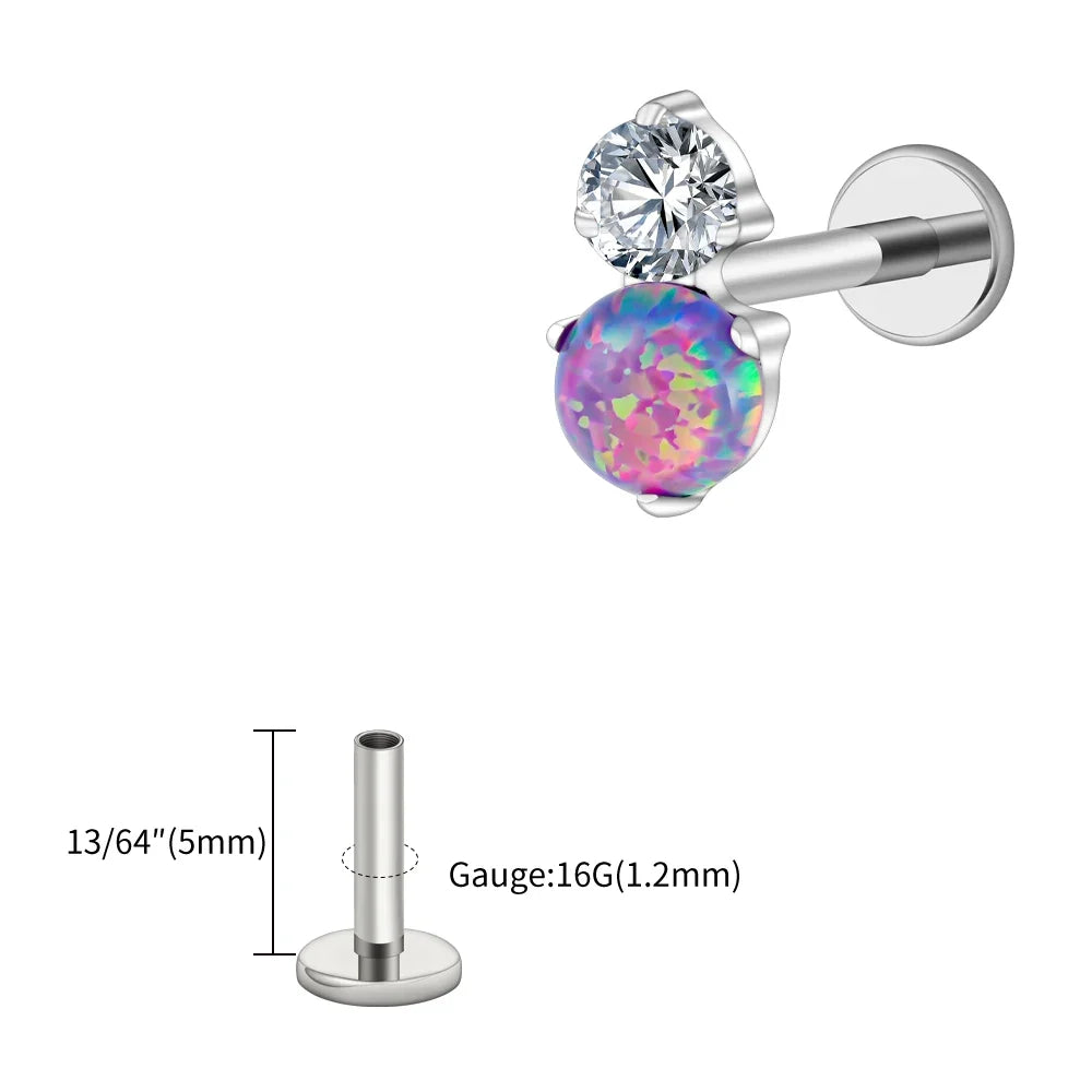 Right Grand ASTM F136 Titanium Opal and CZ Lip Stud Helix Earring 16G Internally Threaded Tragus Cartilage Conch Labret Piercing
