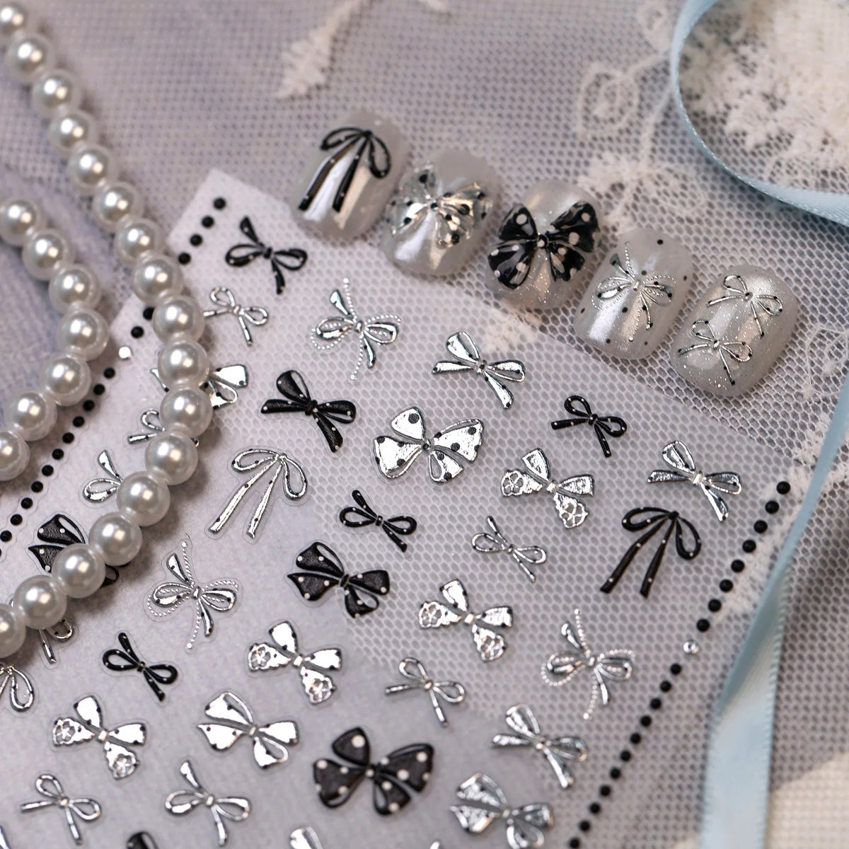 Metal Bow 5D Nail Art Stickers Black White Dot Bow Silver Embossed Y2K Bowknot Self Adhesive Punk Nail Decor Manicure Supplies