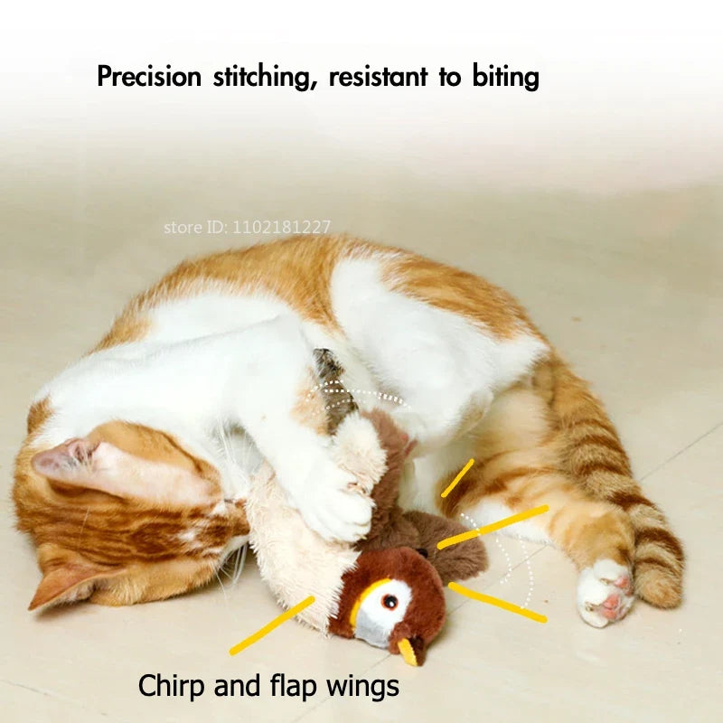 Interactive Cat Toy Chirping Flapping Sparrow Dog Toys Rechargeable Touch Squeak Bird-Shaped Plush Toy with Catnip Pet Supply