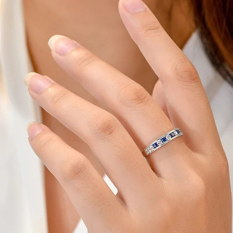 Huitan Luxury Blue/White Cubic Zircon Rings for Women Classic Wedding Engagement Band Accessories Silver Color Eternity Jewelry