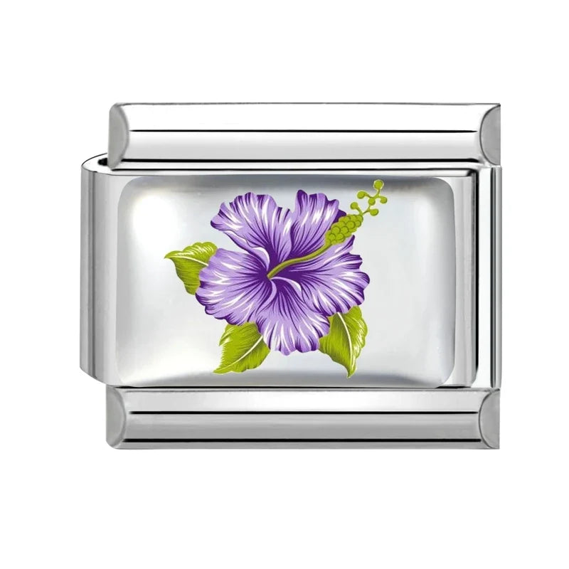 2026 Women's UV Style Purple 3D Flowers Books Candle Italian Charm Link Fit 9mm Stainless Steel Module Bracelet Making Jewelrys