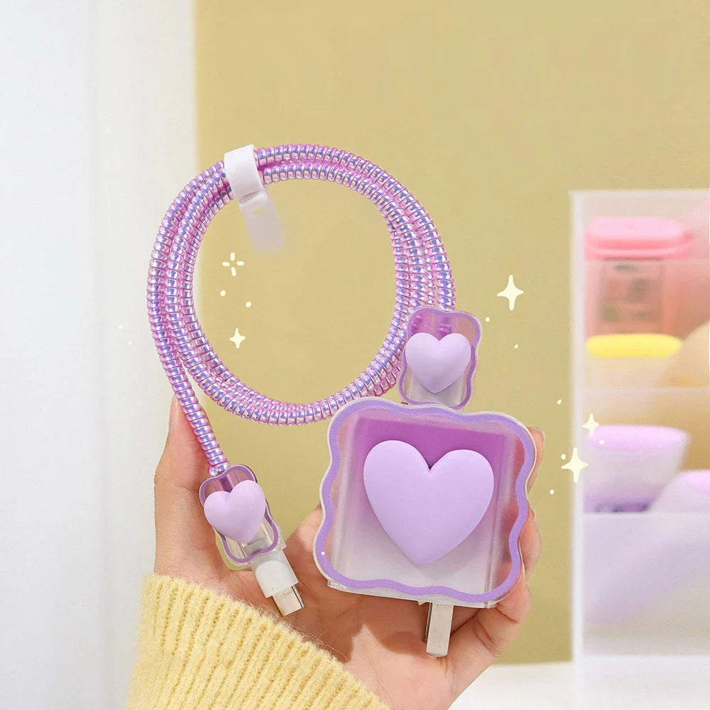 4 in 1 Love Heart Charger Cable Protector Case  For iPhone 15 14 11 16 18w 20w Charging Head Protective Cover Winder Accessories