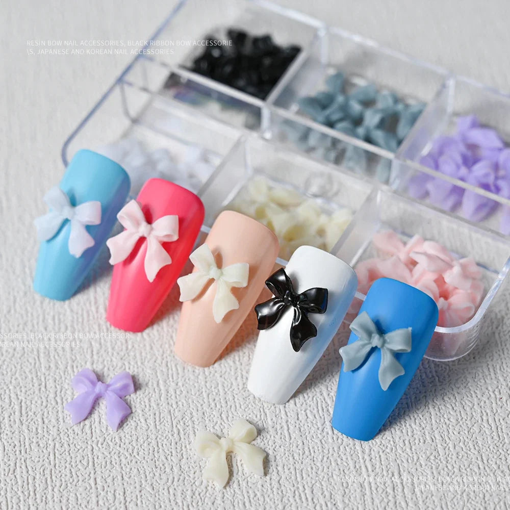 1Box Pink/White/Black Resin Flatback Bow Nail Art Charms 6 Grids (30Pcs)Cute Bowknot Nail Decorations for Acrylic Nails Manicure