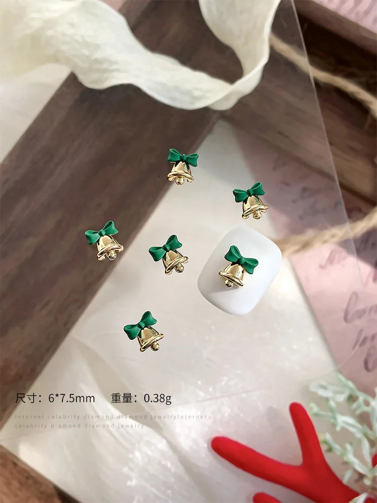10pc 3D Christmas Bell Nail Art Charms Accessory Bow Gold and Silver Alloy Exquisite Bell Luxury Nails Decorations Supplies DIY