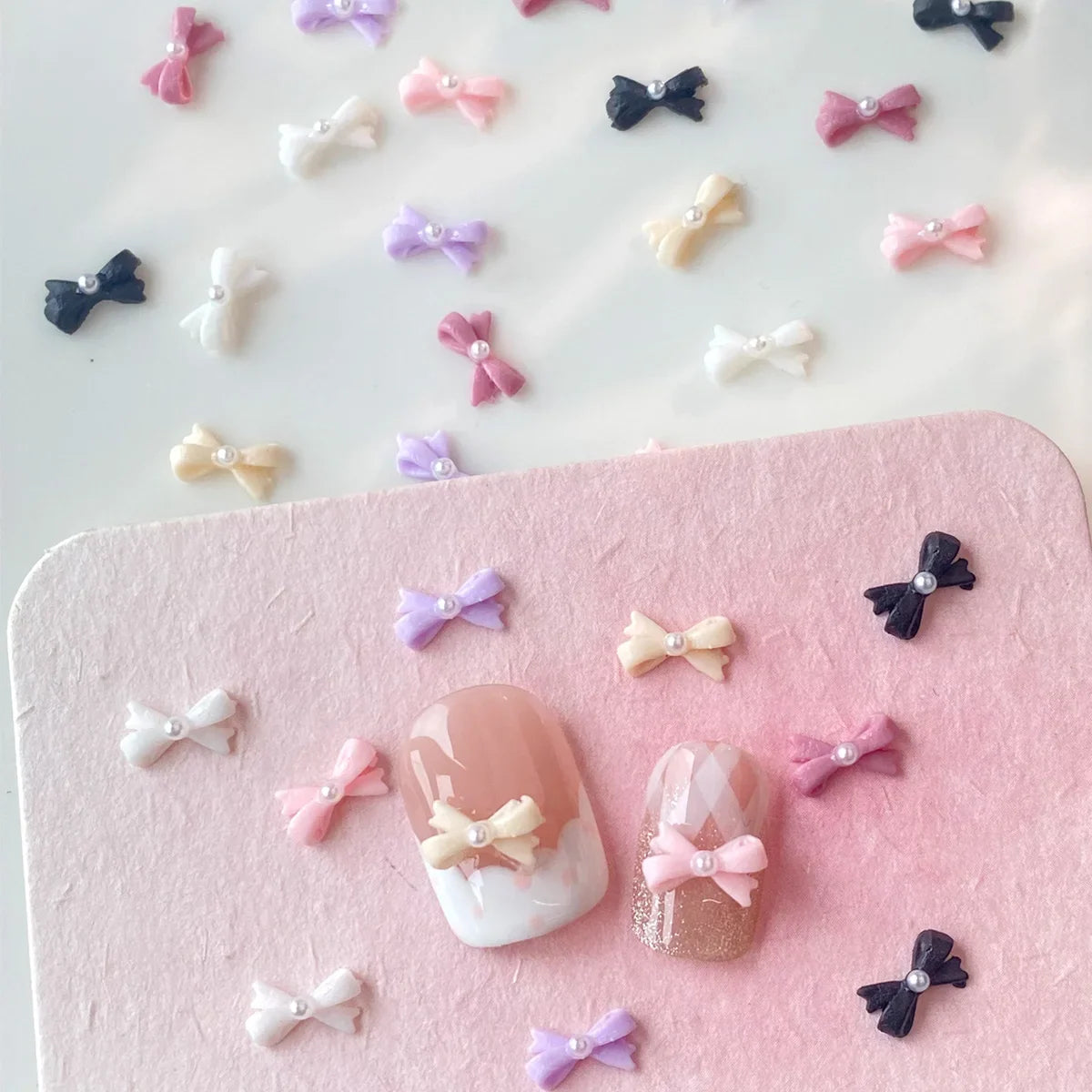 50pcs Mix Color Bow with Pearl Korea Style Nail Art Charms 3D Pink Black White Bowknot Nail Accessories DIY Design