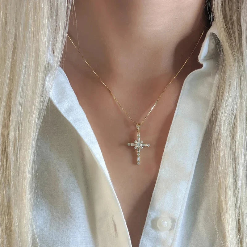 Huitan Fashionable Cross Pendant Necklace for Women Brilliant Cubic Zirconia Luxury Wedding Accessories Exquisite Neck Jewelry