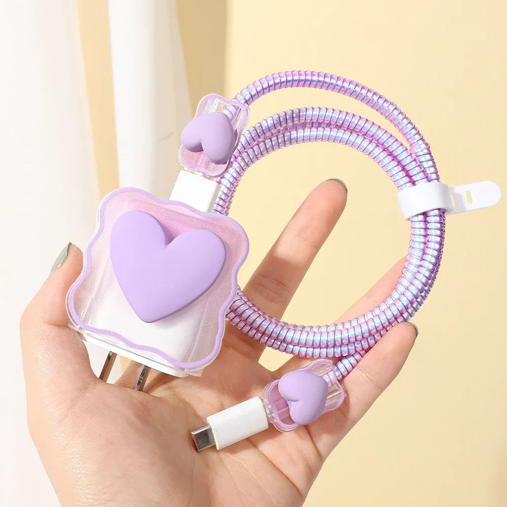 6PCS 3D Love Heart Silicone Charger Cable Protector Case Storage Bag For iPhone 20W 18W Charging Head Protective Cover Organizer
