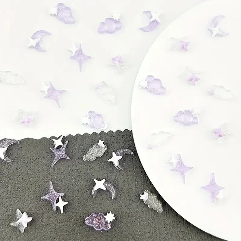 50pcs Purple Mixed 3D Moon Cloud Star Nail Charms Bulk Kawaii Lumionus Mini Ice Cloud Nail Art Decorat Accessories DIY Supplies