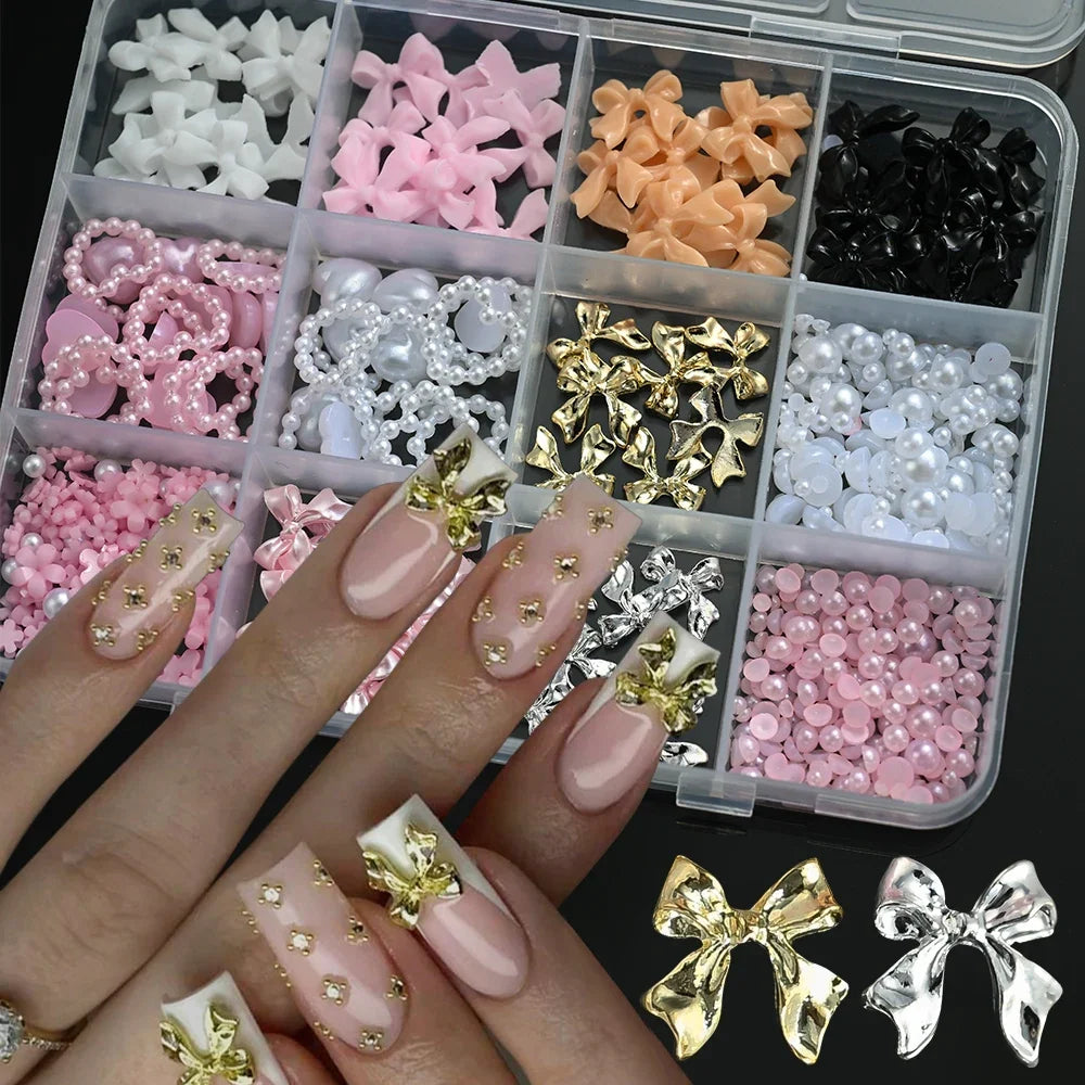 12Grids 3D Multi-Colors Ribbon Flower Nail Art Charms Simulated Perals Love,Metal Bowknot Nail Decoration DIY Manicure Accessory