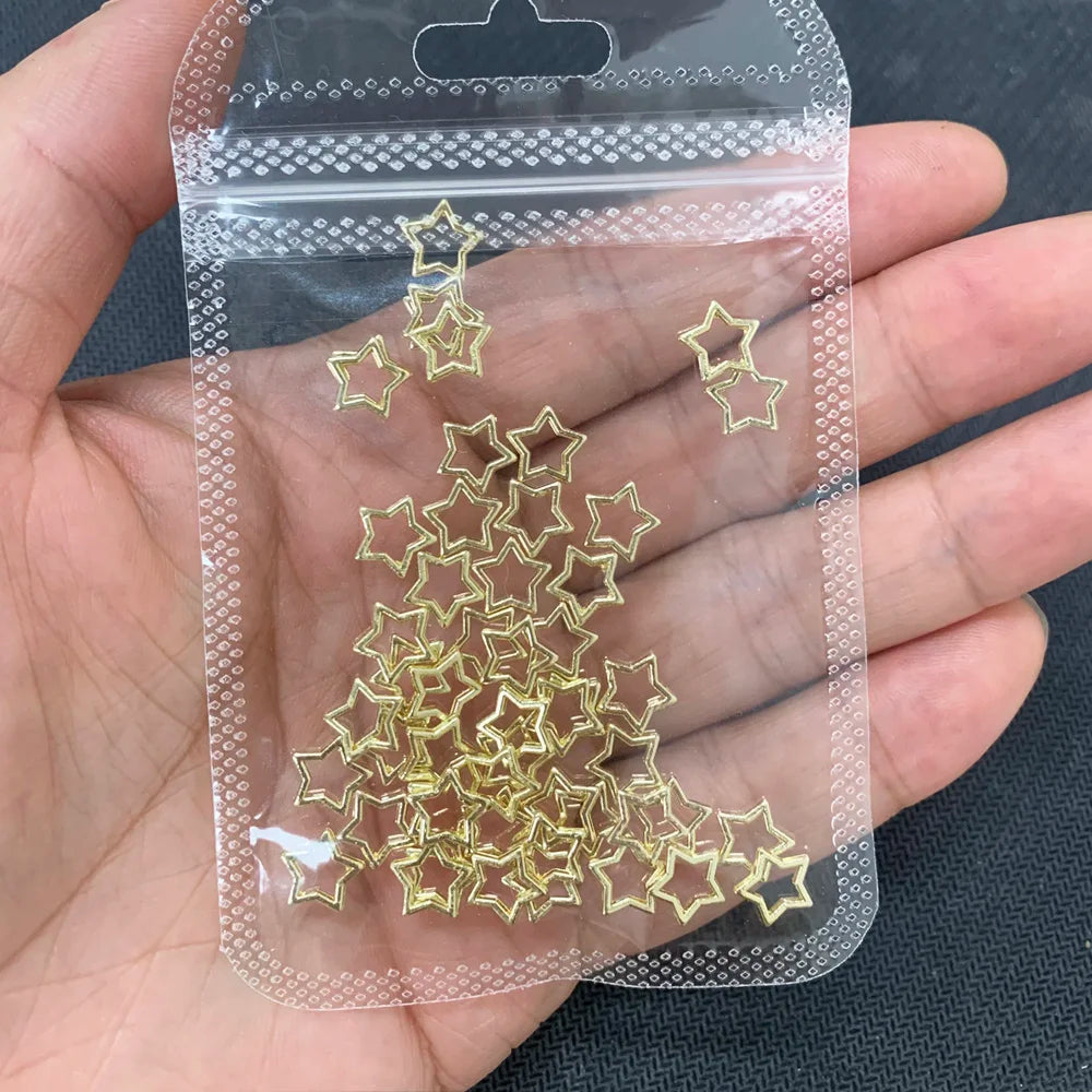 20Pcs Hollow Metal Star Nail Charms Gold Silver Gun-Black White-K Color Nail Art Decoration 3D Retro Manicure DIY Supplies 9*9mm