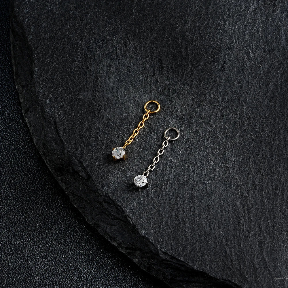 Right Grand ASTM F136 Titanium CZ Dangle Chain Cartilage Earring Charm Round CZ Pendant for Upper Lobe Clicker Piercing Jewelry