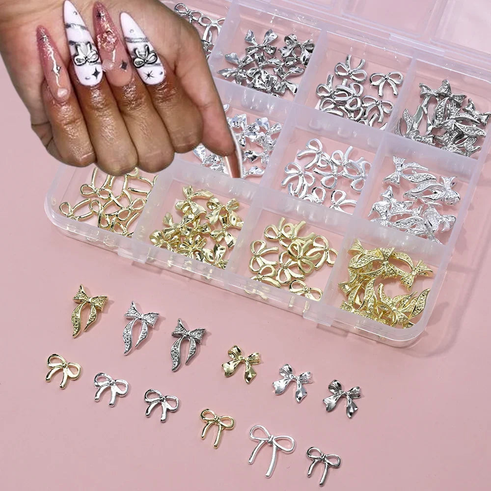 96/50Pcs 3D Bowknot/Ribbon Metal Nail Art Charms Sliver/Gold Alloy Bows Nails Rhinestones Decor Luxury DIY Manicure Accessories