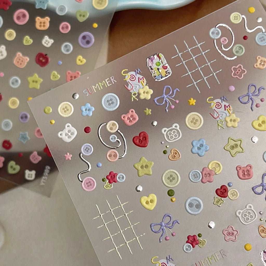 SUMMER Cute 5D Nail Art Sticker Color Button Bear Head Heart Star Bow Plaid Line Childlike Style Self Adhesive Decals Sweet DIY