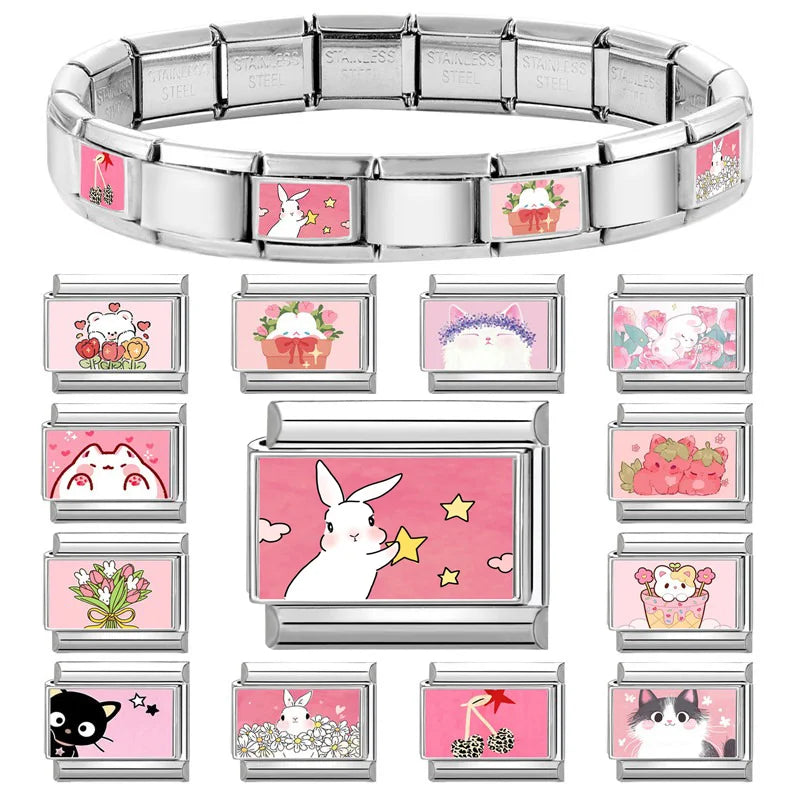 Easter Colorful Rabbits Series Beautiful Flowers Italian Link Fit 9mm Stainless Steel Bracelet Jewelry Making DIY Gift Wholesale