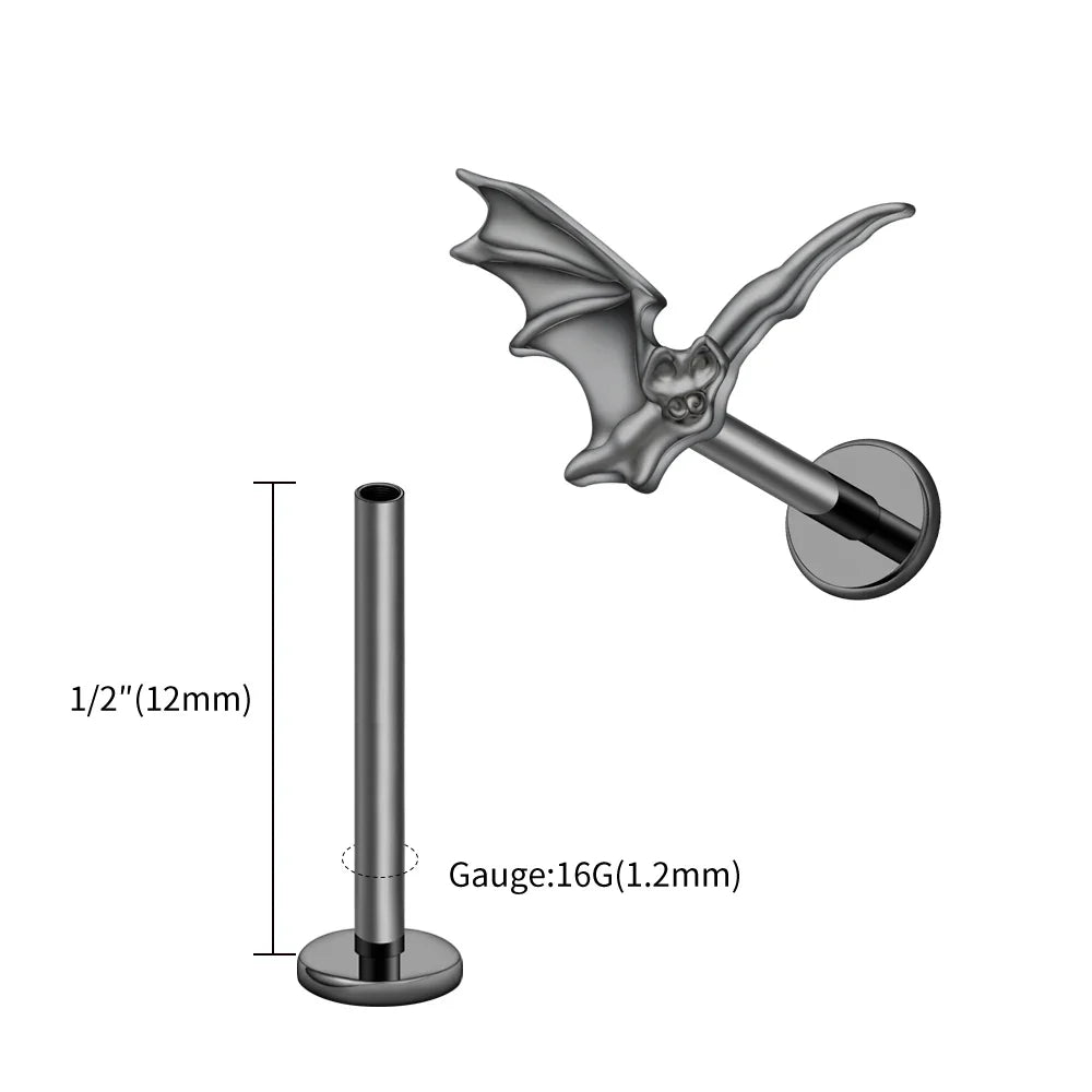 Right Grand ASTM F136 Titanium 16G Flying Bat Cartilage Earring Internally Threaded Helix Earring Flatback Tragus Piercing Stud