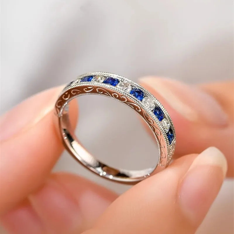 Huitan Luxury Blue/White Cubic Zircon Rings for Women Classic Wedding Engagement Band Accessories Silver Color Eternity Jewelry