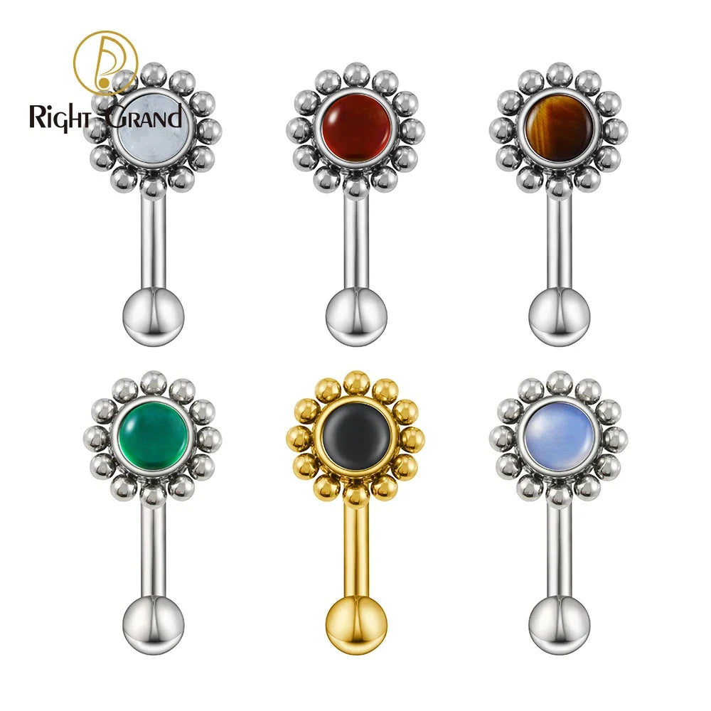 Right Grand ASTM F136 Titanium 16G Flower Rook Earring with Semi Precious Stone Eyebrow Curved Barbell Earring Piercing Jewelry