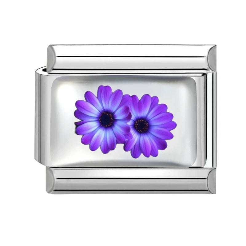 2026 Women's UV Style Purple 3D Flowers Books Candle Italian Charm Link Fit 9mm Stainless Steel Module Bracelet Making Jewelrys