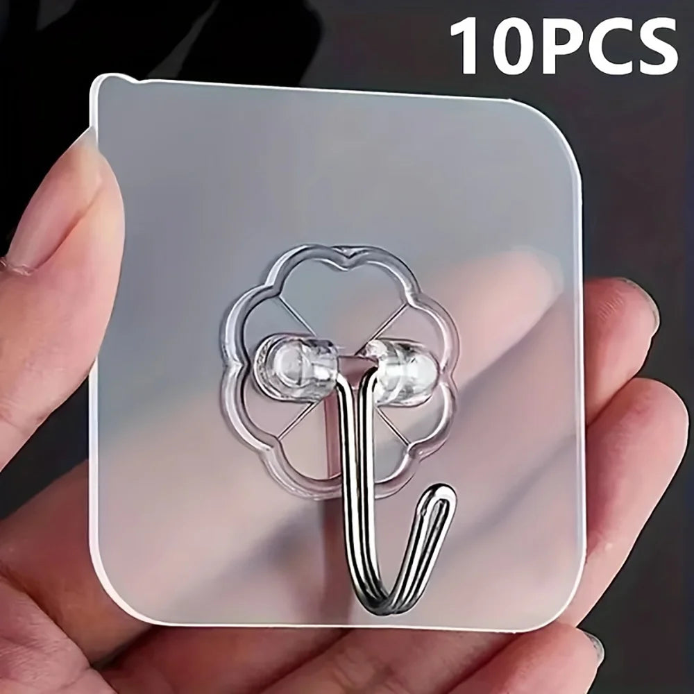 10/20/30Pcs Heavy‑Duty Self‑Adhesive Wall Hooks Punch‑Free No‑Drill Sticky Hooks Waterproof Oilproof Damage‑Free Hanger Storage