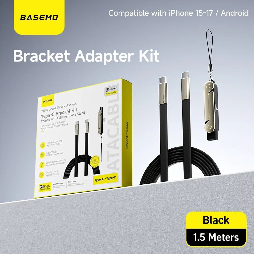 240W 2-in-1 Black/Orange Fast Charging Foldable Bracket Data Cable Type-C to Type-C Data Wire with Phone Tablet Stand
