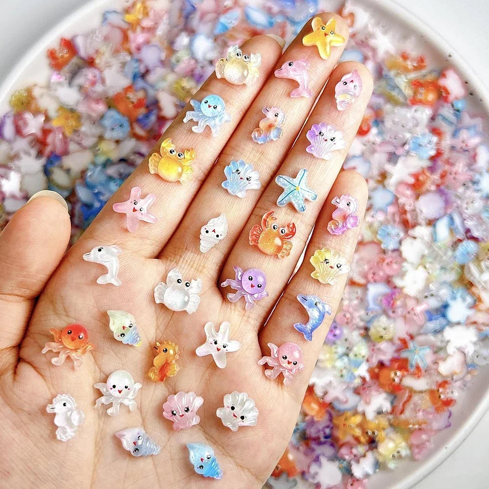 50pcs Mix Summer Beach Nail Rhinestones Ocean Theme Shell Starfish Manicure Charms Pink Ocean Gems Flat Back Nail Supplies