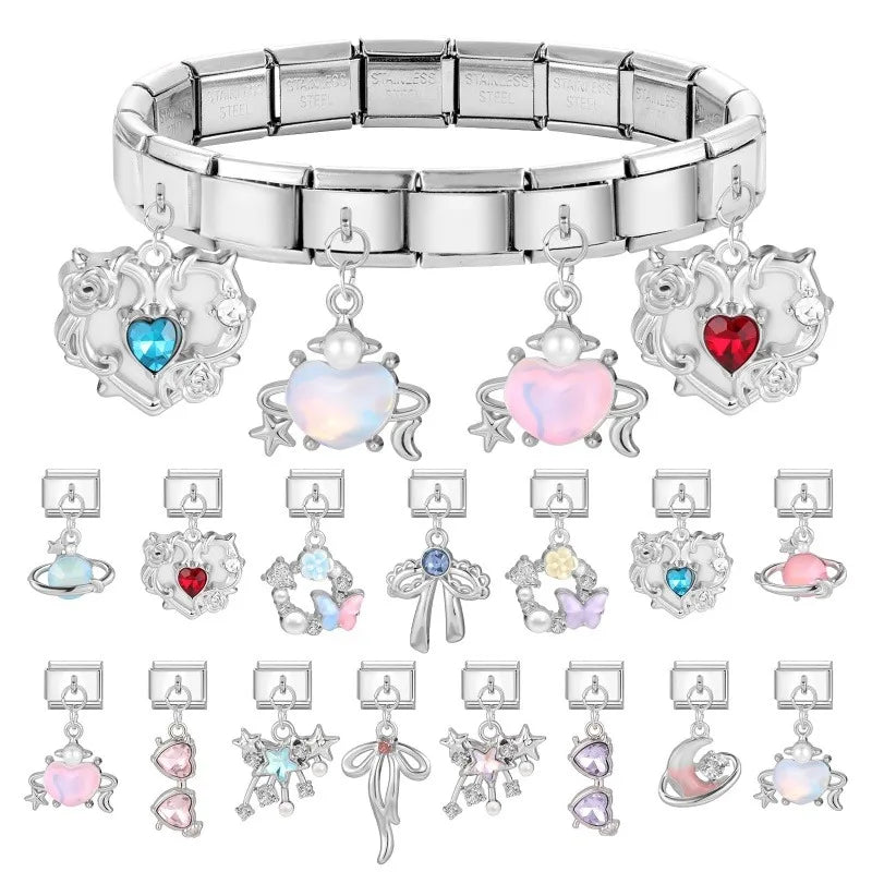 Wholesale Colorful Shiny Zircon Heart Bows Pendant Italian Charm Links Fit 9mm Stainless Steel Bracelet Women Jewelry DIY Making
