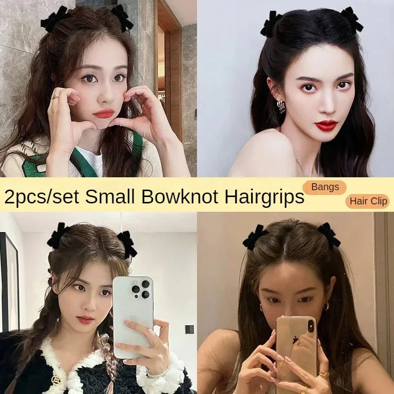 Black Red Small Velvet Bowknot Hair Claw Clips 2pcs/set Korean Princess Hair Clips with Bangs Girls‘ Headwear Hair Styling Tools