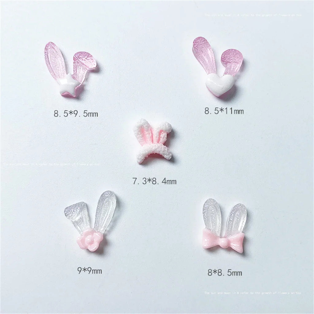 20pcs 3D Korean Rabbit Ear Resin Nail Art Charms Pink White Bunny Kawaii Jewelry Nail Rhinestones Decorations Accessories DIY