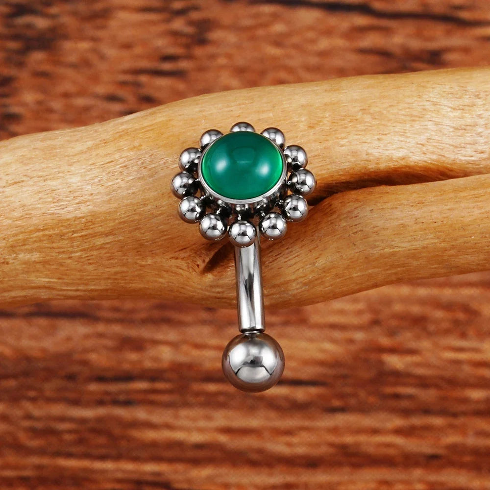 Right Grand ASTM F136 Titanium 16G Flower Rook Earring with Semi Precious Stone Eyebrow Curved Barbell Earring Piercing Jewelry