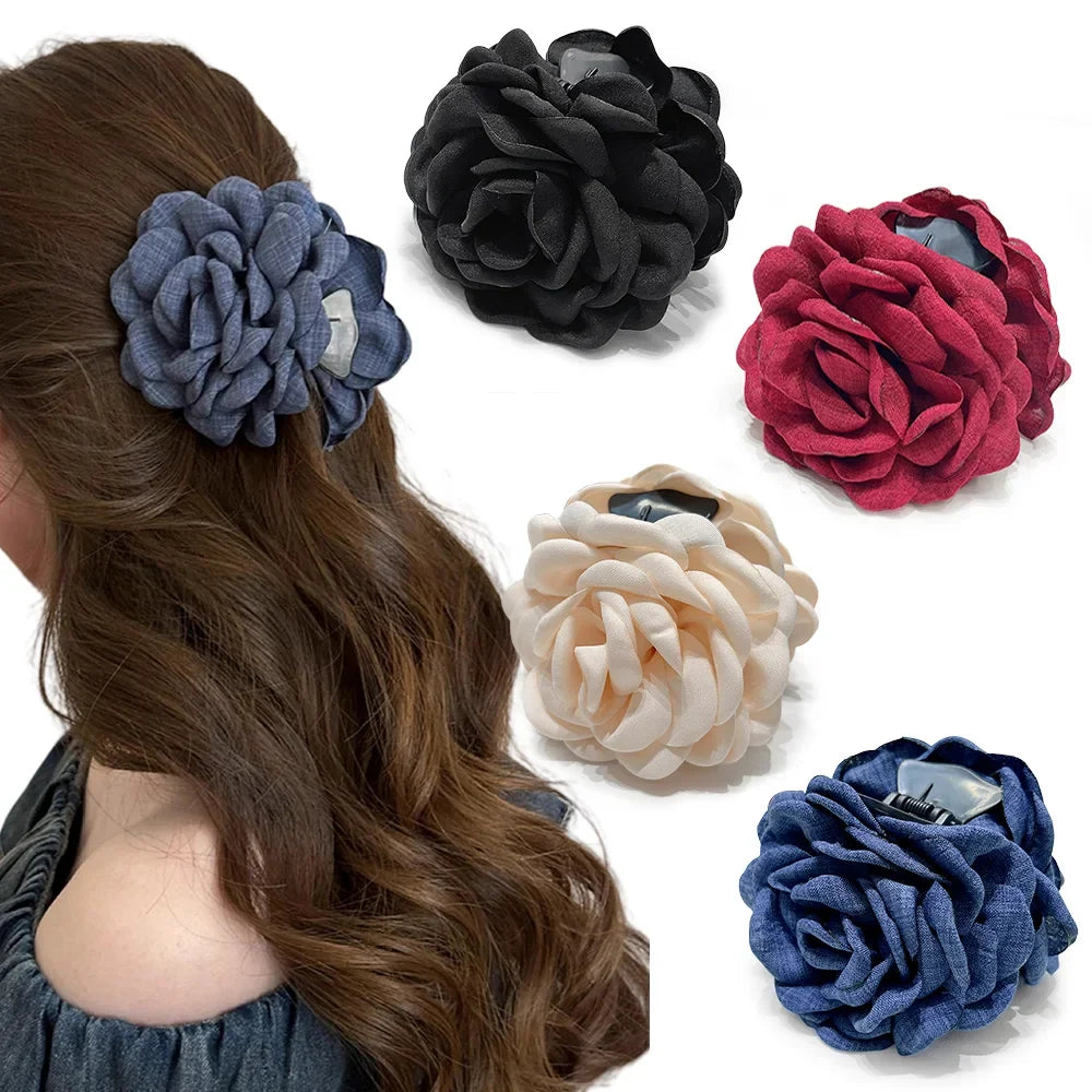 16 Colors Sweat Medium Size Cotton Fabric Rose Flower Hair Claw Clips for Women Korean Ctach Shark Clamp Hair Accessories 2024