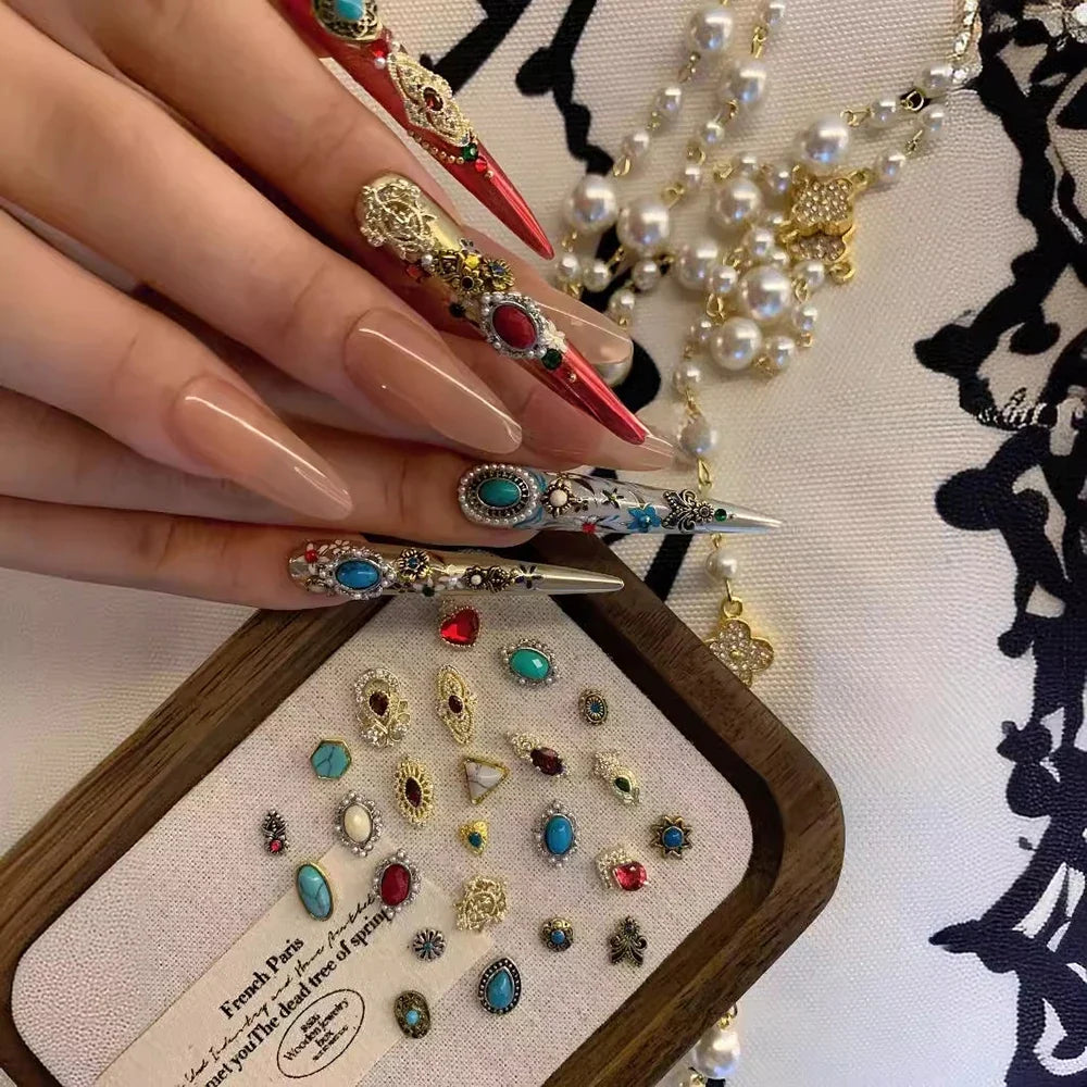 20pcs Bohemia Nail Art Charms Retro Mixed Alloy Turquoise Totem Nail Diamonds 3D  Marble Gems for Manicure DIY Decorations