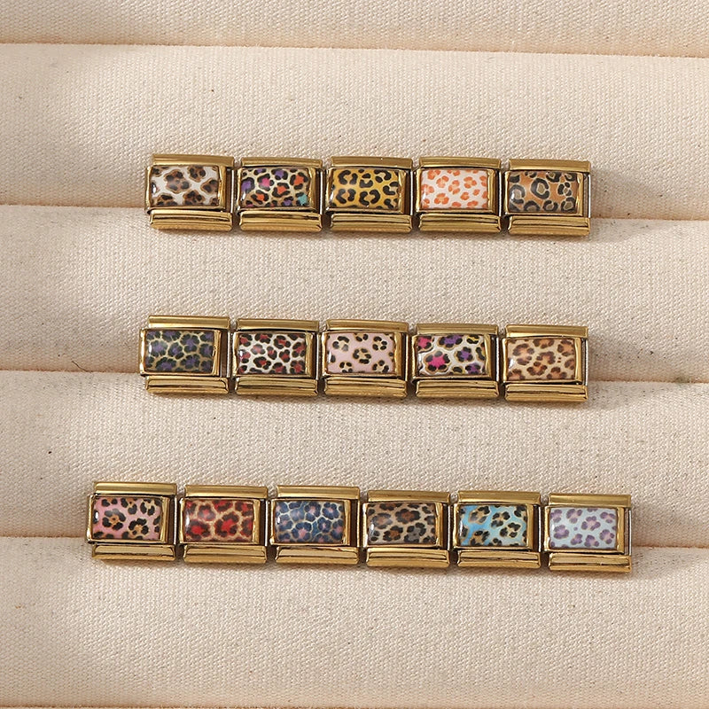 New Fashion Leopard Pattern Series Y2K Golden Italian Charm Links Fit 9MM Stainless Steel Bracelet DIY Making Jewelry