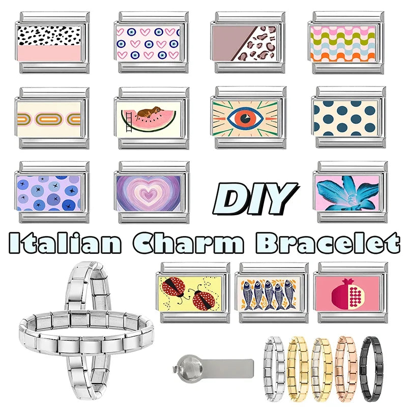 Creative Personalized DIY Italian Charm Bracelet Flower Dog Watermelon Eye Heart Bead Fit 9mm Bracelet Stainless Steel Jewelry