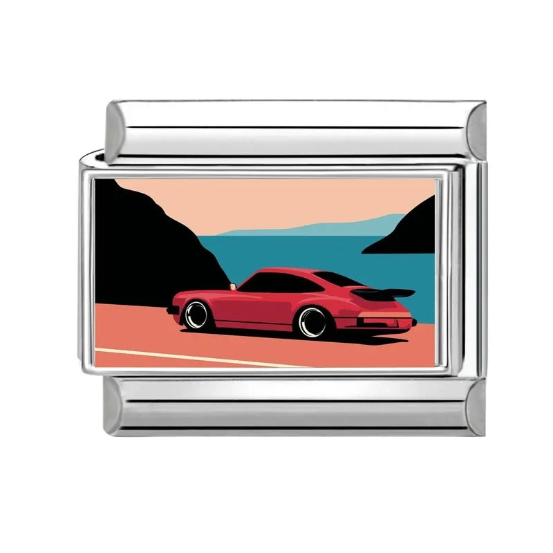 Wholesale 2026  Men Women Fashion Vintage Sports Car Pattern Italian Charms Fit 9mm Stainless Steel Bracelet DIY Jewelry Gifts