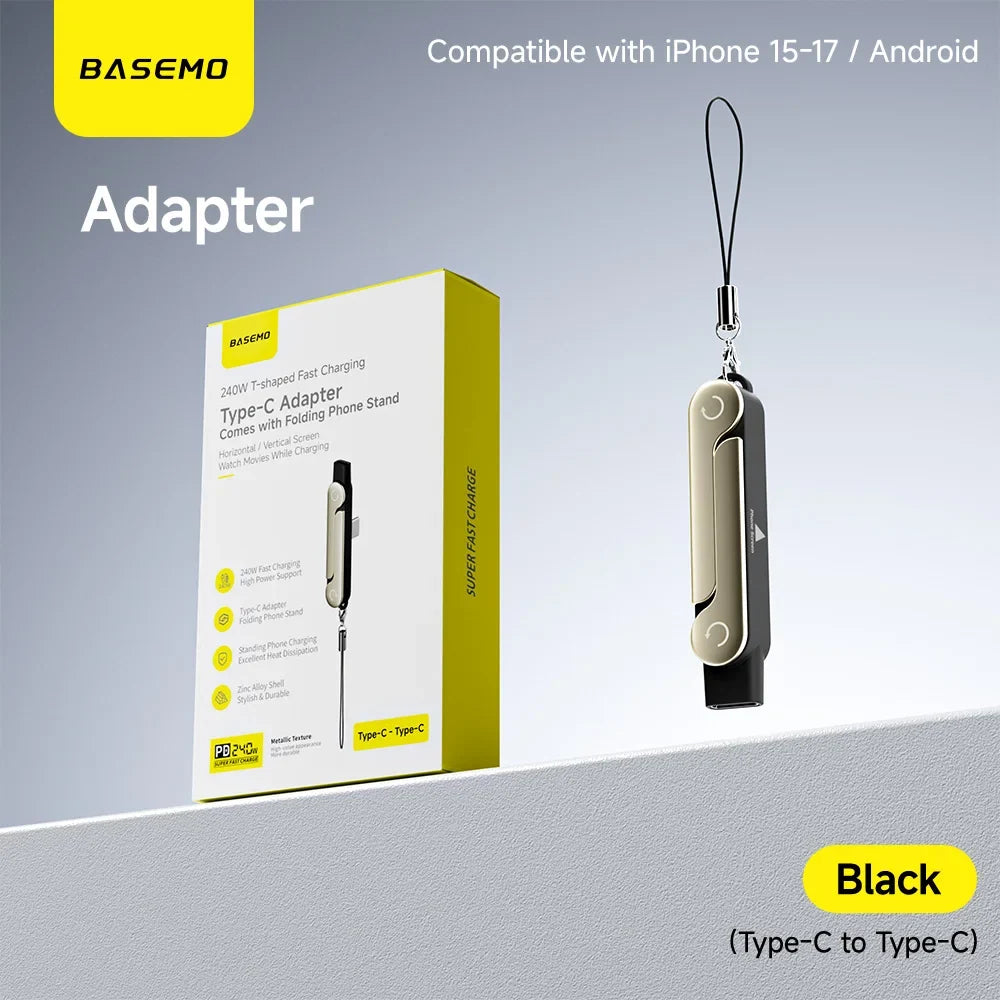 240W 2-in-1 Black/Orange Fast Charging Foldable Bracket Data Cable Type-C to Type-C Data Wire with Phone Tablet Stand