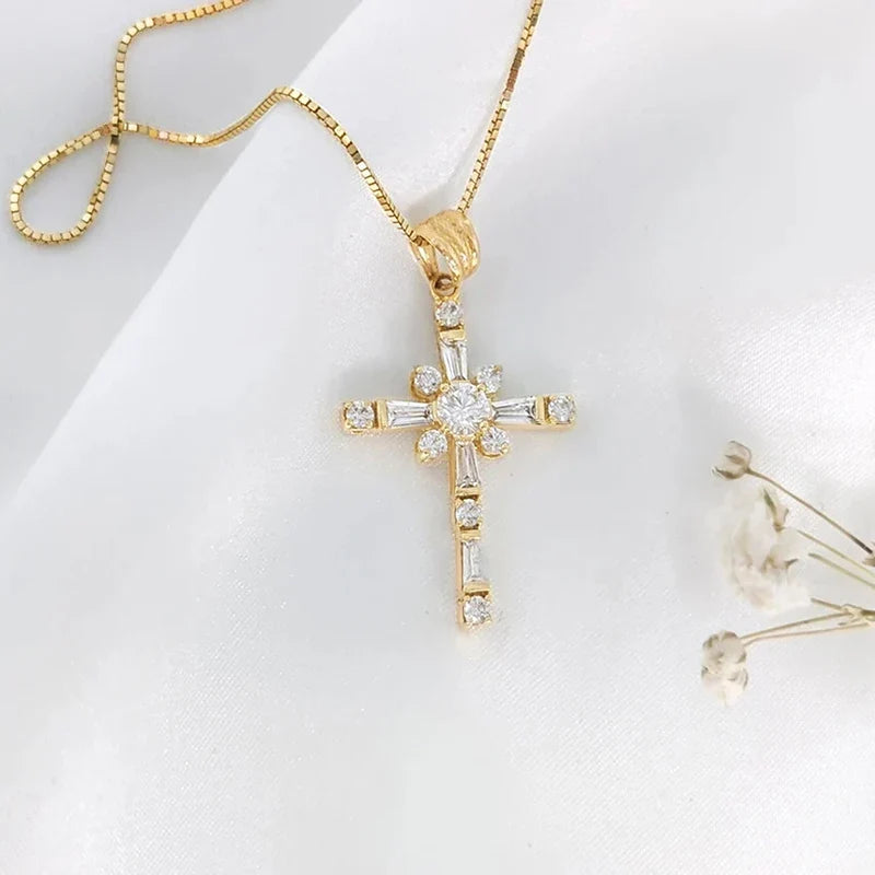 Huitan Fashionable Cross Pendant Necklace for Women Brilliant Cubic Zirconia Luxury Wedding Accessories Exquisite Neck Jewelry