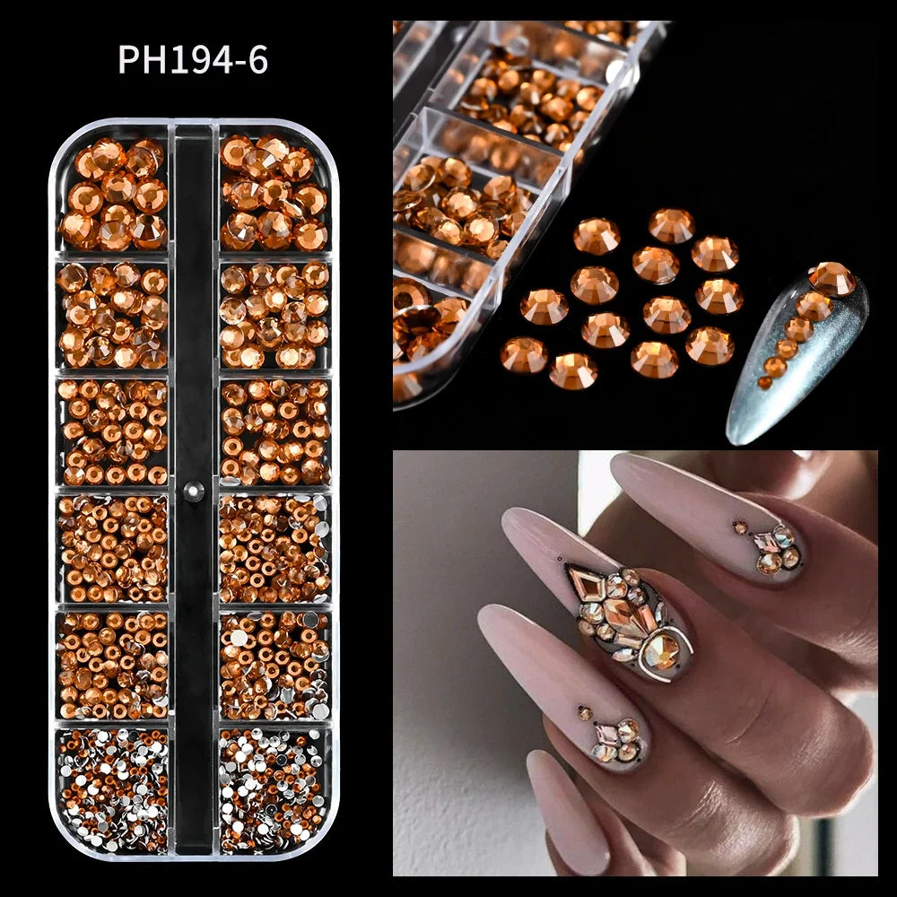 12Grids Ocean Gold Nail Art Charms Shell/Seahorse/Starfish White Half Round Pearl Gems 3D Mixed Punk Manicure Metal Rivets Studs